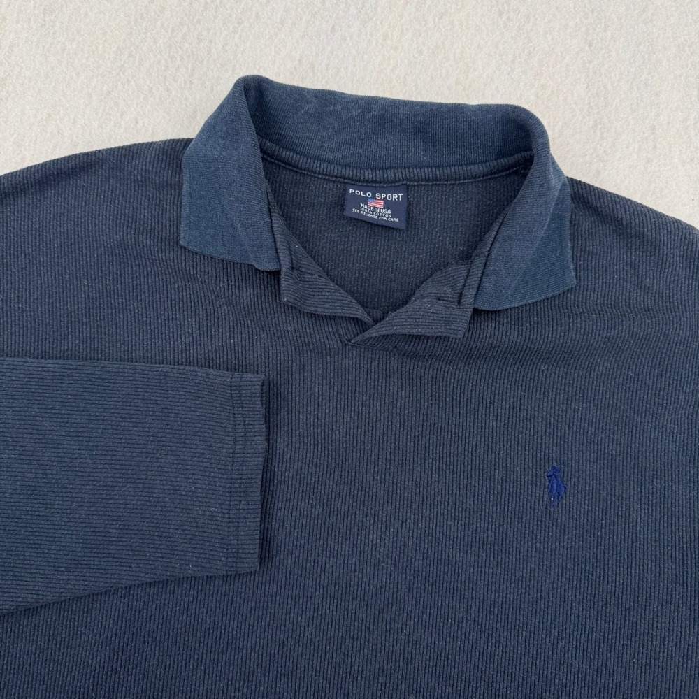 Vintage Polo Sport Ralph Lauren Long Sleeve Ribbed Polo Navy Blue Made in USA